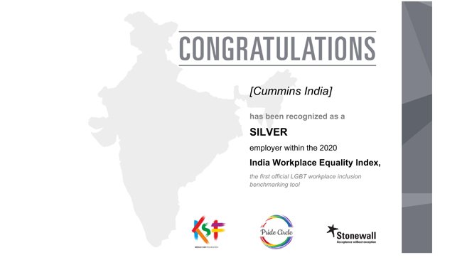 Cummins India has been recognized as a “Silver” employer within the 2020 India Workplace Equality Index