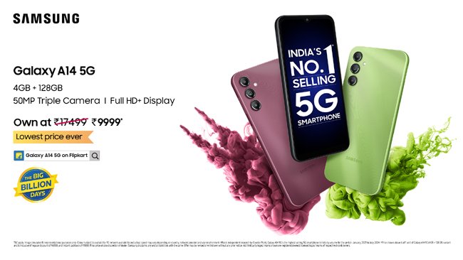 Samsung GalaxyA14 5G, India’s best-selling 5G smartphone, to be available at a never before price of just INR 9999 during Flipkart Big Billion Day Sale